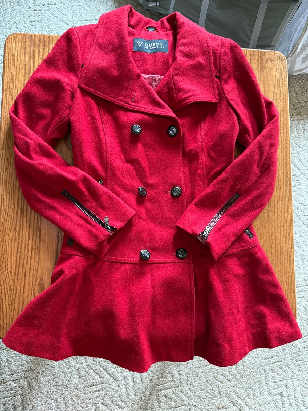 Women's GUESS Double-Breasted Red Peacoat